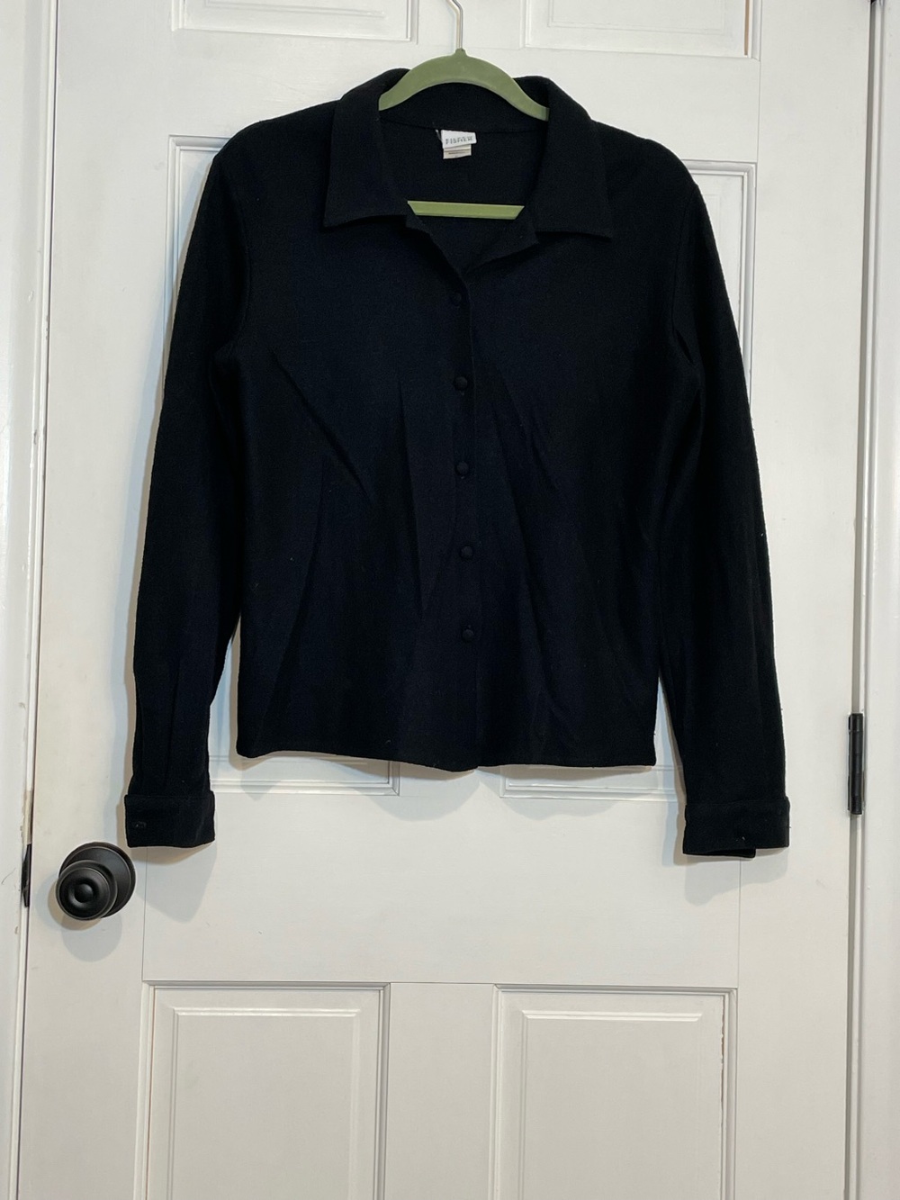 Eileen Fisher Womens M Black 100% Wool Button Front Collared Cardigan USA